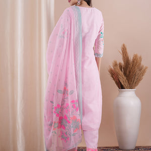 Ethnic Floral Printed Straight Fit Kurta with Pant and Dupatta - Pink
