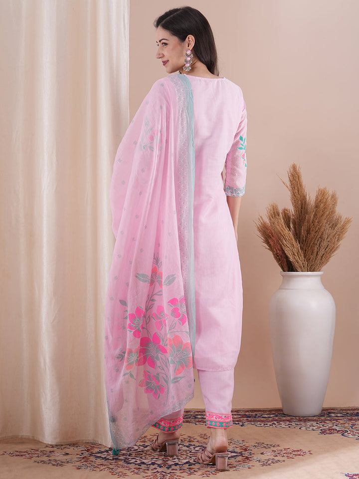 Ethnic Floral Printed Straight Fit Kurta with Pant and Dupatta - Pink