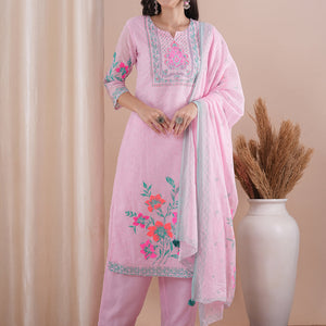 Ethnic Floral Printed Straight Fit Kurta with Pant and Dupatta - Pink