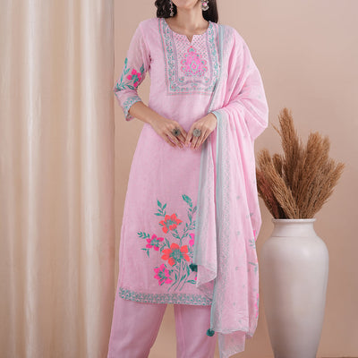 Ethnic Floral Printed Straight Fit Kurta with Pant and Dupatta - Pink