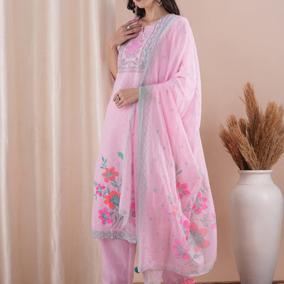 Ethnic Floral Printed Straight Fit Kurta with Pant and Dupatta - Pink