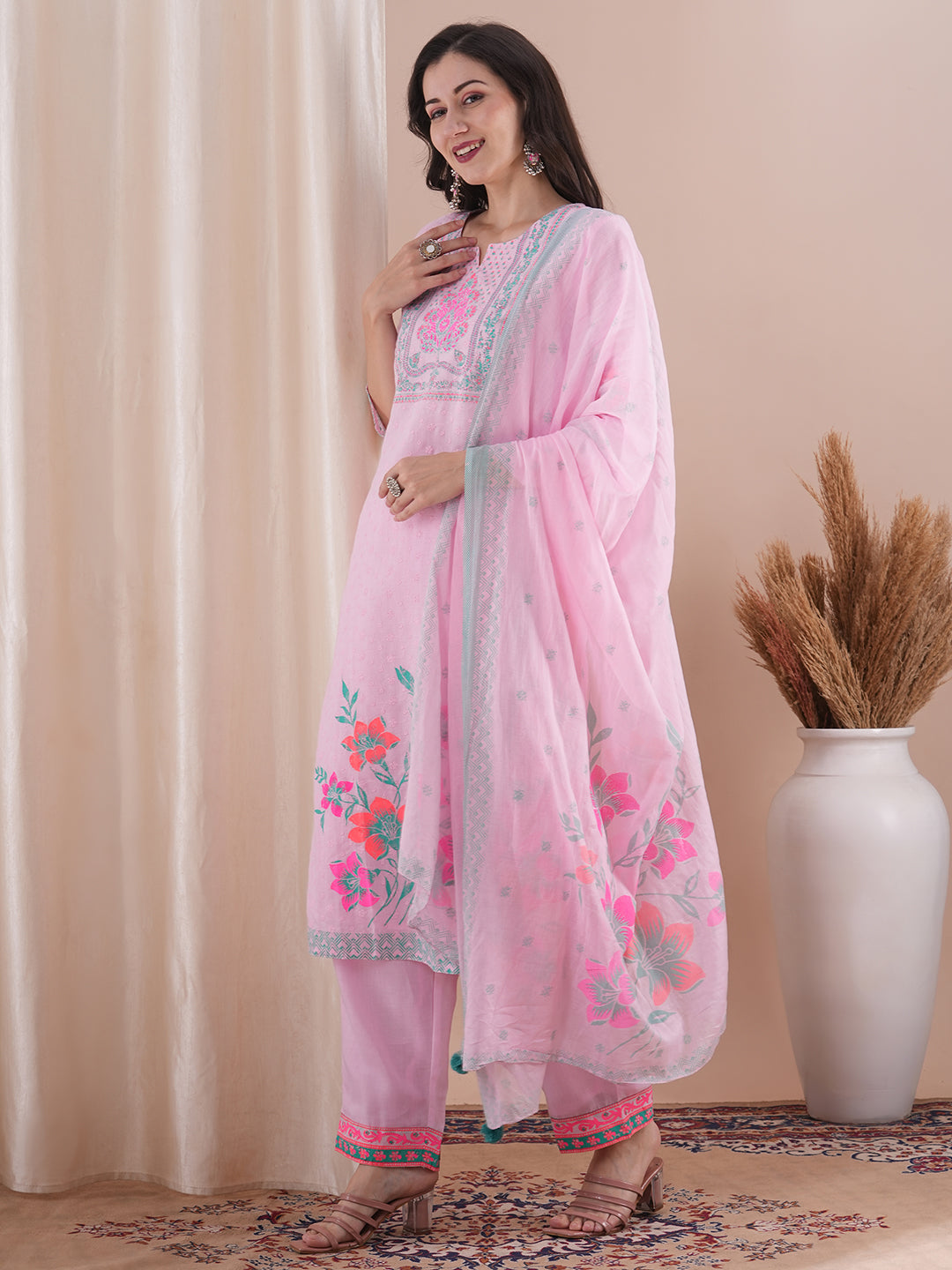 Ethnic Floral Printed Straight Fit Kurta with Pant and Dupatta - Pink