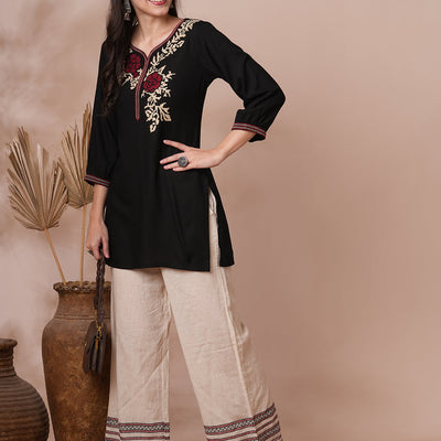 Geometric Floral Cross Stitch Embroidered A-Line Short Kurti - Black