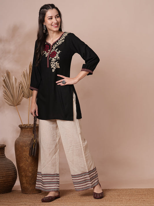 Geometric Floral Cross Stitch Embroidered A-Line Short Kurti - Black