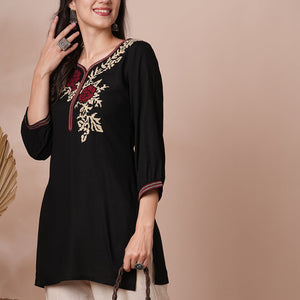Geometric Floral Cross Stitch Embroidered A-Line Short Kurti - Black