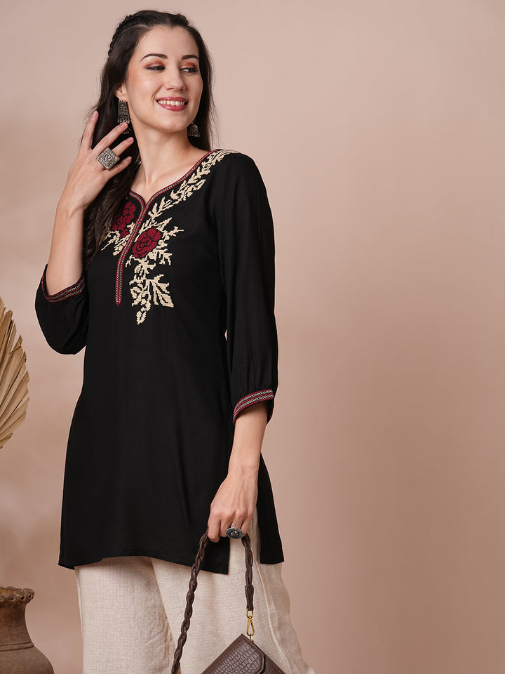 Geometric Floral Cross Stitch Embroidered A-Line Short Kurti - Black