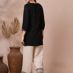 Geometric Floral Cross Stitch Embroidered A-Line Short Kurti - Black