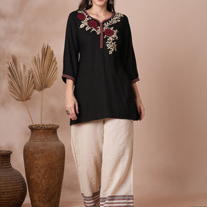 Geometric Floral Cross Stitch Embroidered A-Line Short Kurti - Black