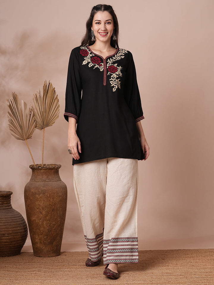 Geometric Floral Cross Stitch Embroidered A-Line Short Kurti - Black