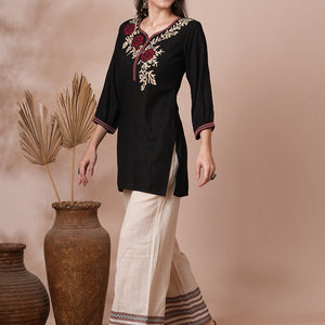 Geometric Floral Cross Stitch Embroidered A-Line Short Kurti - Black