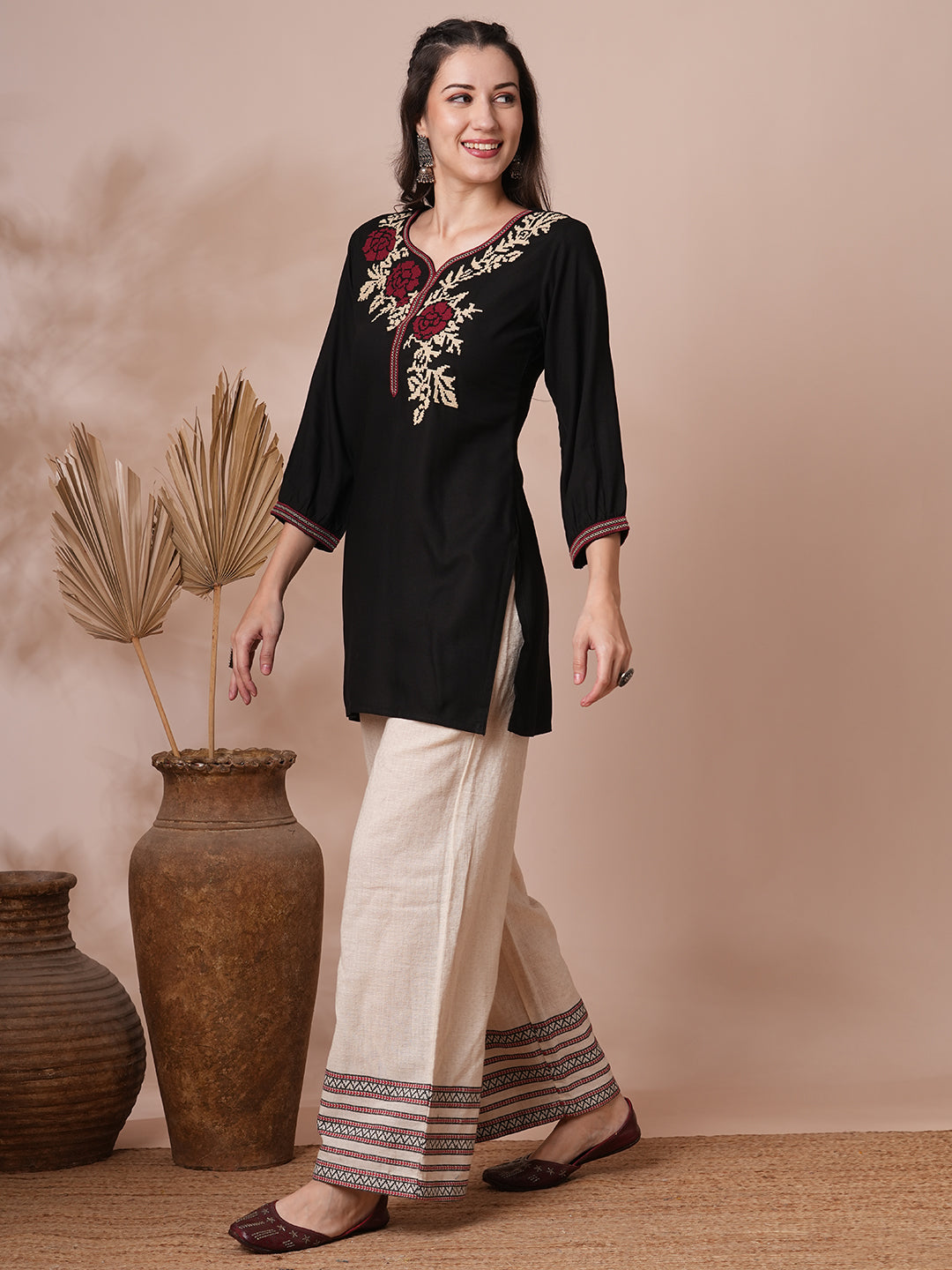 Geometric Floral Cross Stitch Embroidered A-Line Short Kurti - Black