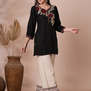 Geometric Floral Cross Stitch Embroidered A-Line Short Kurti - Black