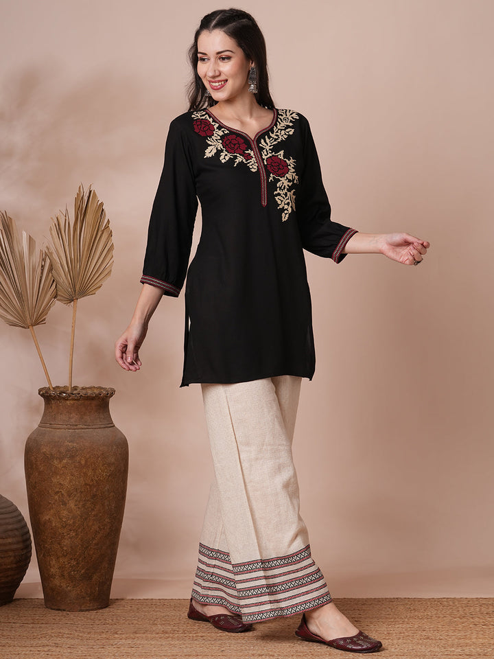 Geometric Floral Cross Stitch Embroidered A-Line Short Kurti - Black