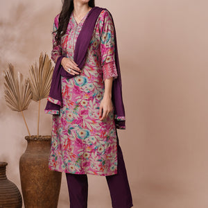 Floral Printed & Embroidered Straight Fit Kurta with Pant and Dupatta - Pink