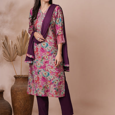 Floral Printed & Embroidered Straight Fit Kurta with Pant and Dupatta - Pink
