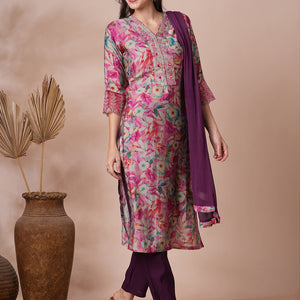 Floral Printed & Embroidered Straight Fit Kurta with Pant and Dupatta - Pink