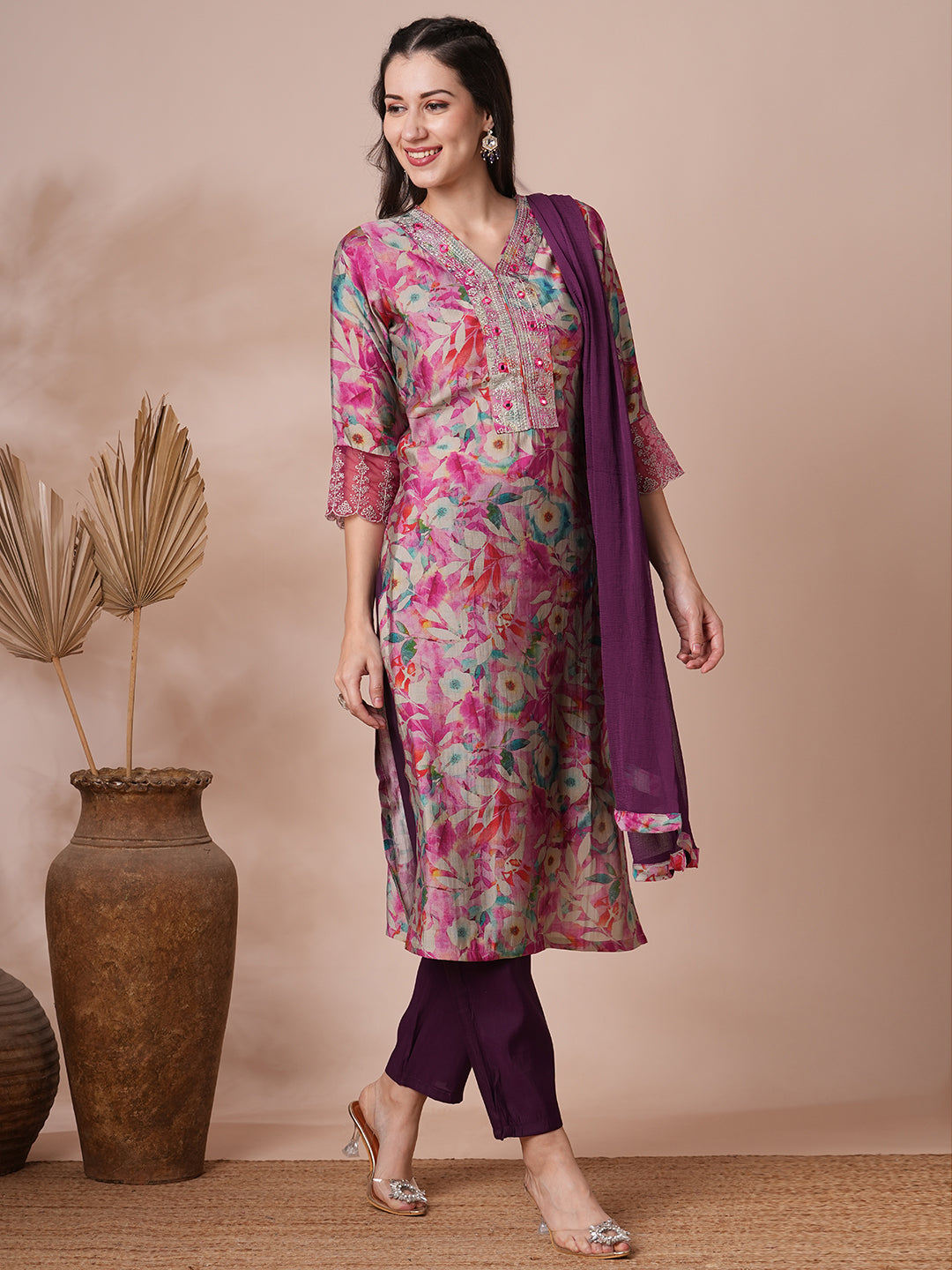 Floral Printed & Embroidered Straight Fit Kurta with Pant and Dupatta - Pink