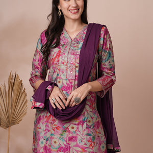 Floral Printed & Embroidered Straight Fit Kurta with Pant and Dupatta - Pink