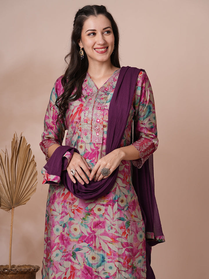 Floral Printed & Embroidered Straight Fit Kurta with Pant and Dupatta - Pink