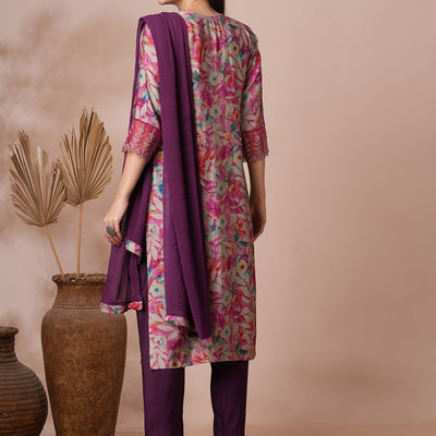 Floral Printed & Embroidered Straight Fit Kurta with Pant and Dupatta - Pink
