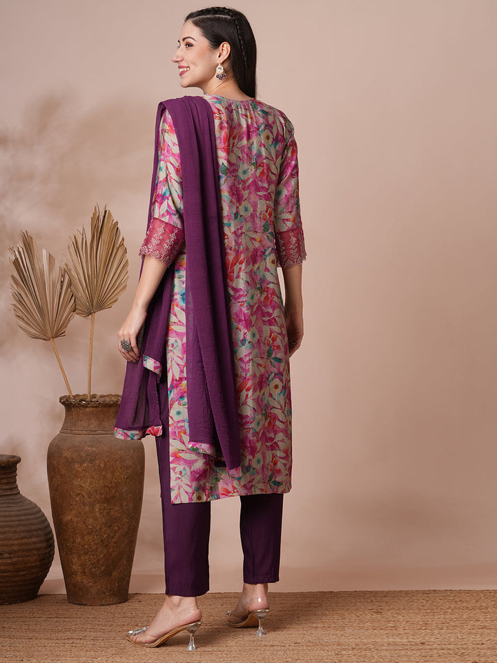 Floral Printed & Embroidered Straight Fit Kurta with Pant and Dupatta - Pink