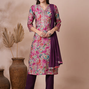 Floral Printed & Embroidered Straight Fit Kurta with Pant and Dupatta - Pink