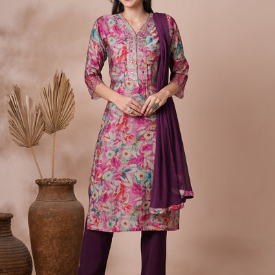 Floral Printed & Embroidered Straight Fit Kurta with Pant and Dupatta - Pink