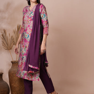 Floral Printed & Embroidered Straight Fit Kurta with Pant and Dupatta - Pink