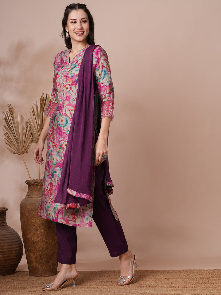 Floral Printed & Embroidered Straight Fit Kurta with Pant and Dupatta - Pink