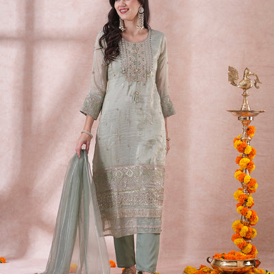 Ethnic Embroidered Straight Fit Kurta with Pant and Dupatta - Mint Green