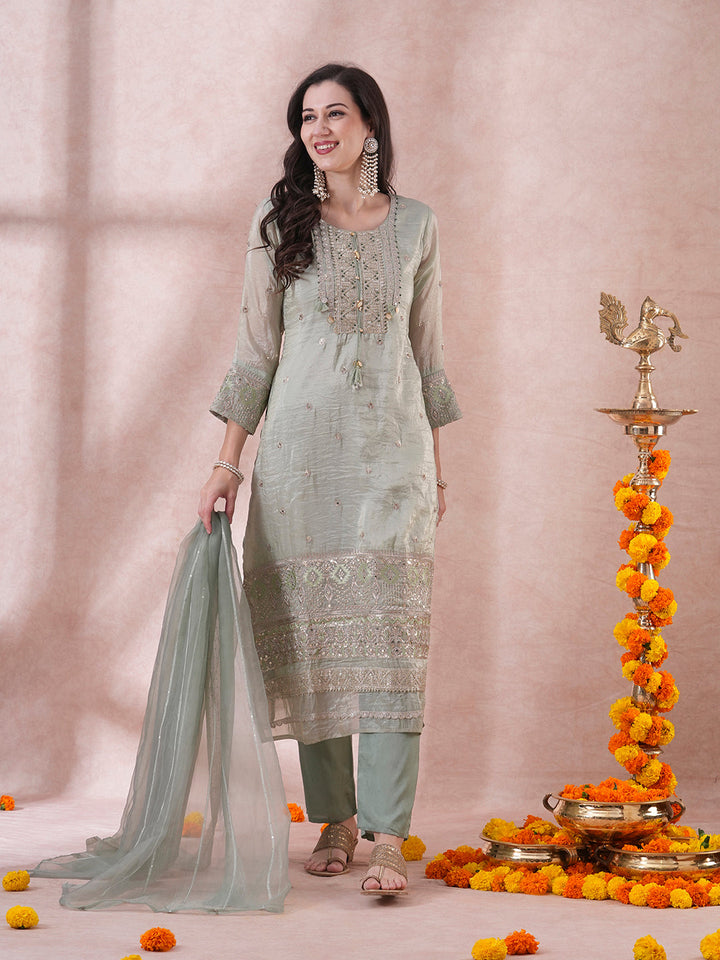 Ethnic Embroidered Straight Fit Kurta with Pant and Dupatta - Mint Green