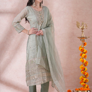 Ethnic Embroidered Straight Fit Kurta with Pant and Dupatta - Mint Green