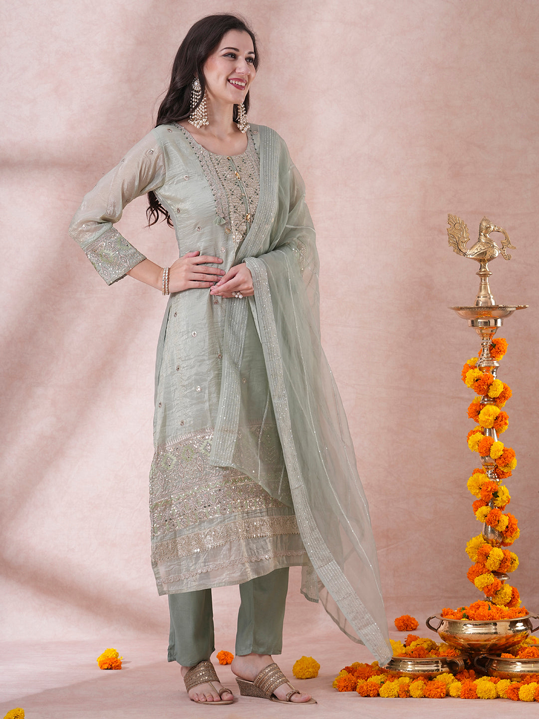 Ethnic Embroidered Straight Fit Kurta with Pant and Dupatta - Mint Green