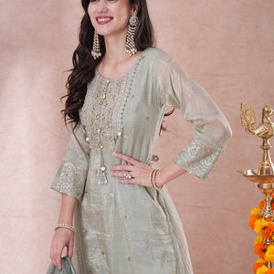 Ethnic Embroidered Straight Fit Kurta with Pant and Dupatta - Mint Green