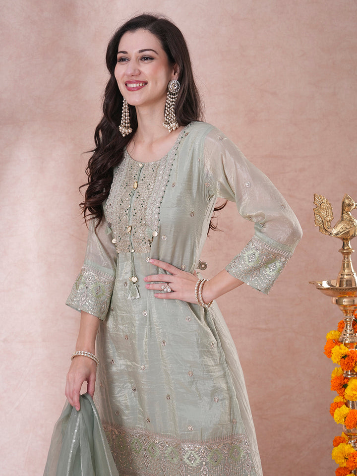 Ethnic Embroidered Straight Fit Kurta with Pant and Dupatta - Mint Green