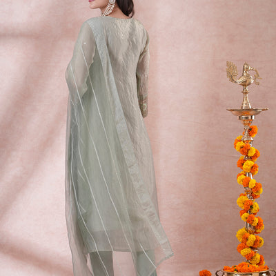 Ethnic Embroidered Straight Fit Kurta with Pant and Dupatta - Mint Green
