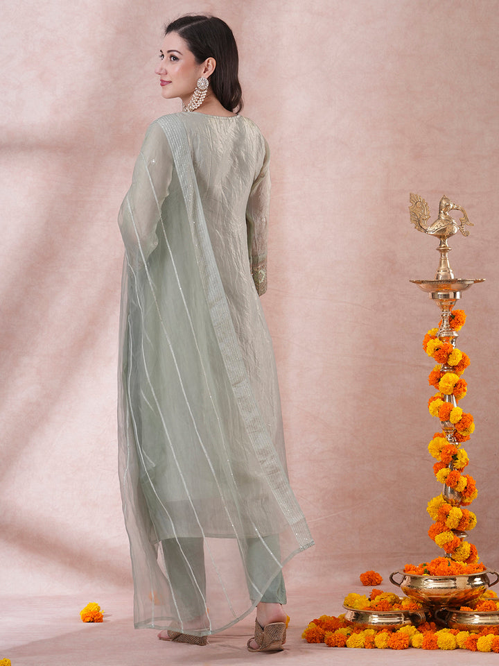 Ethnic Embroidered Straight Fit Kurta with Pant and Dupatta - Mint Green