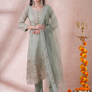 Ethnic Embroidered Straight Fit Kurta with Pant and Dupatta - Mint Green