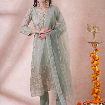 Ethnic Embroidered Straight Fit Kurta with Pant and Dupatta - Mint Green