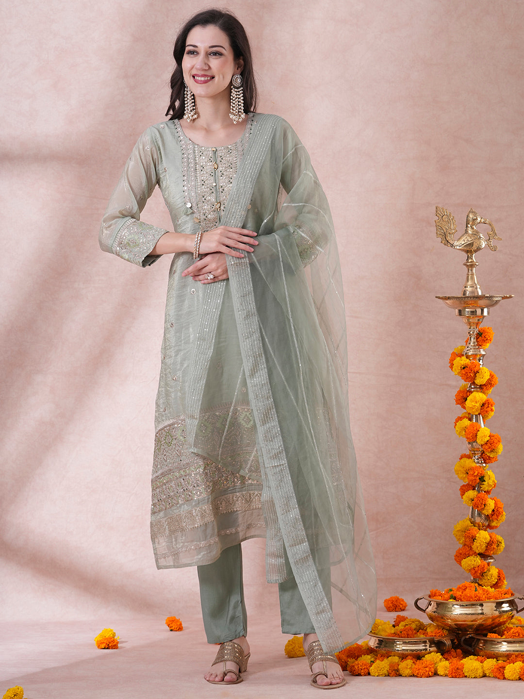 Ethnic Embroidered Straight Fit Kurta with Pant and Dupatta - Mint Green