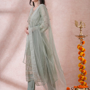Ethnic Embroidered Straight Fit Kurta with Pant and Dupatta - Mint Green