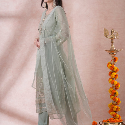 Ethnic Embroidered Straight Fit Kurta with Pant and Dupatta - Mint Green