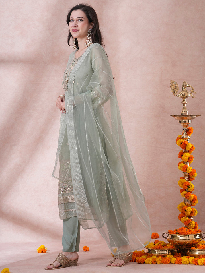 Ethnic Embroidered Straight Fit Kurta with Pant and Dupatta - Mint Green