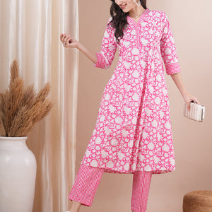 Floral Khari Printed A-Line Pleated Kurta with Pant - Pink
