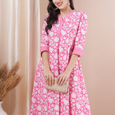 Floral Khari Printed A-Line Pleated Kurta with Pant - Pink
