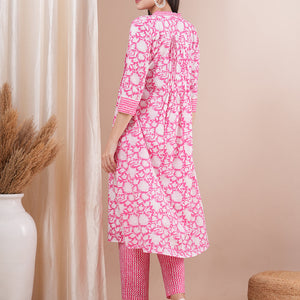 Floral Khari Printed A-Line Pleated Kurta with Pant - Pink