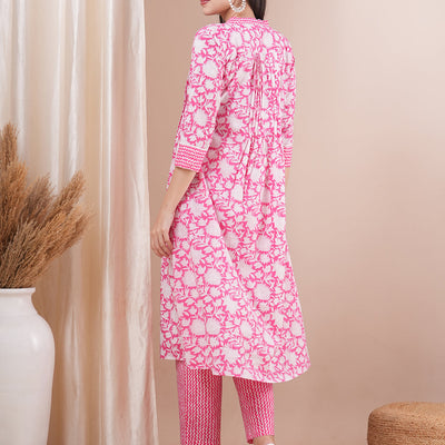 Floral Khari Printed A-Line Pleated Kurta with Pant - Pink