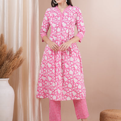 Floral Khari Printed A-Line Pleated Kurta with Pant - Pink