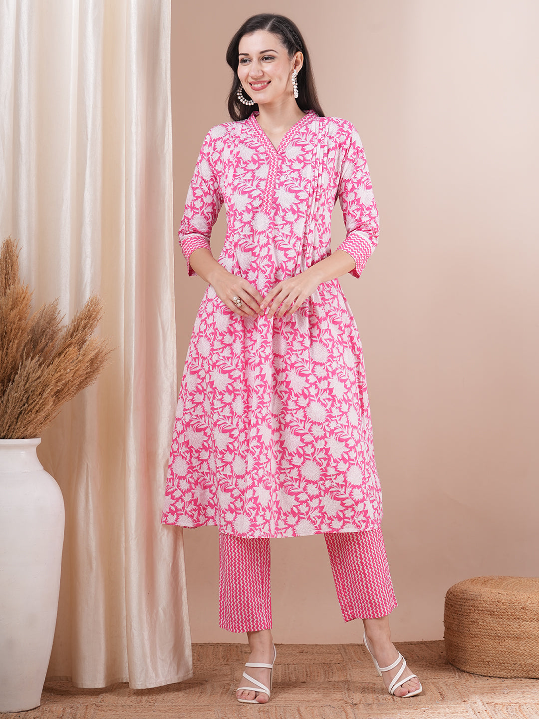 Floral Khari Printed A-Line Pleated Kurta with Pant - Pink