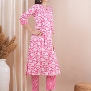 Floral Khari Printed A-Line Pleated Kurta with Pant - Pink